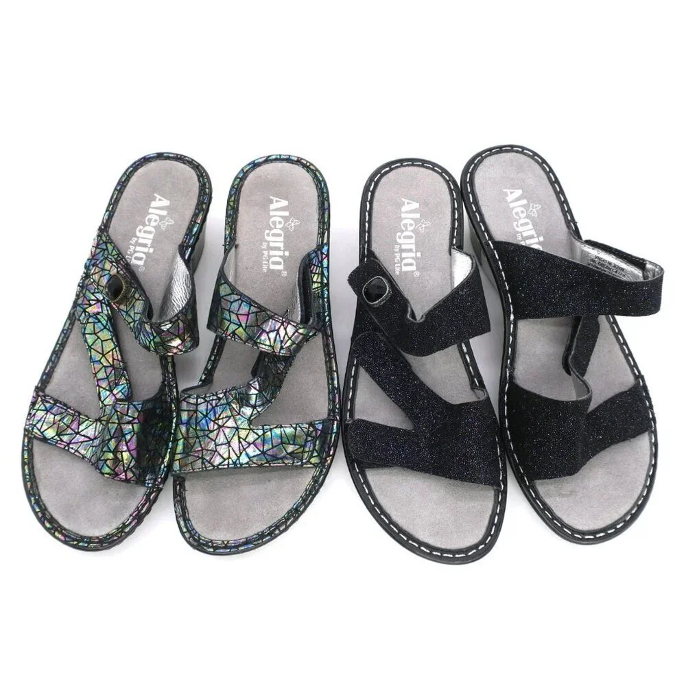 x2 Pair Alegria Loti Glitteroti & Tectonic Iridescent Slide Wedge Sandals 38 8M